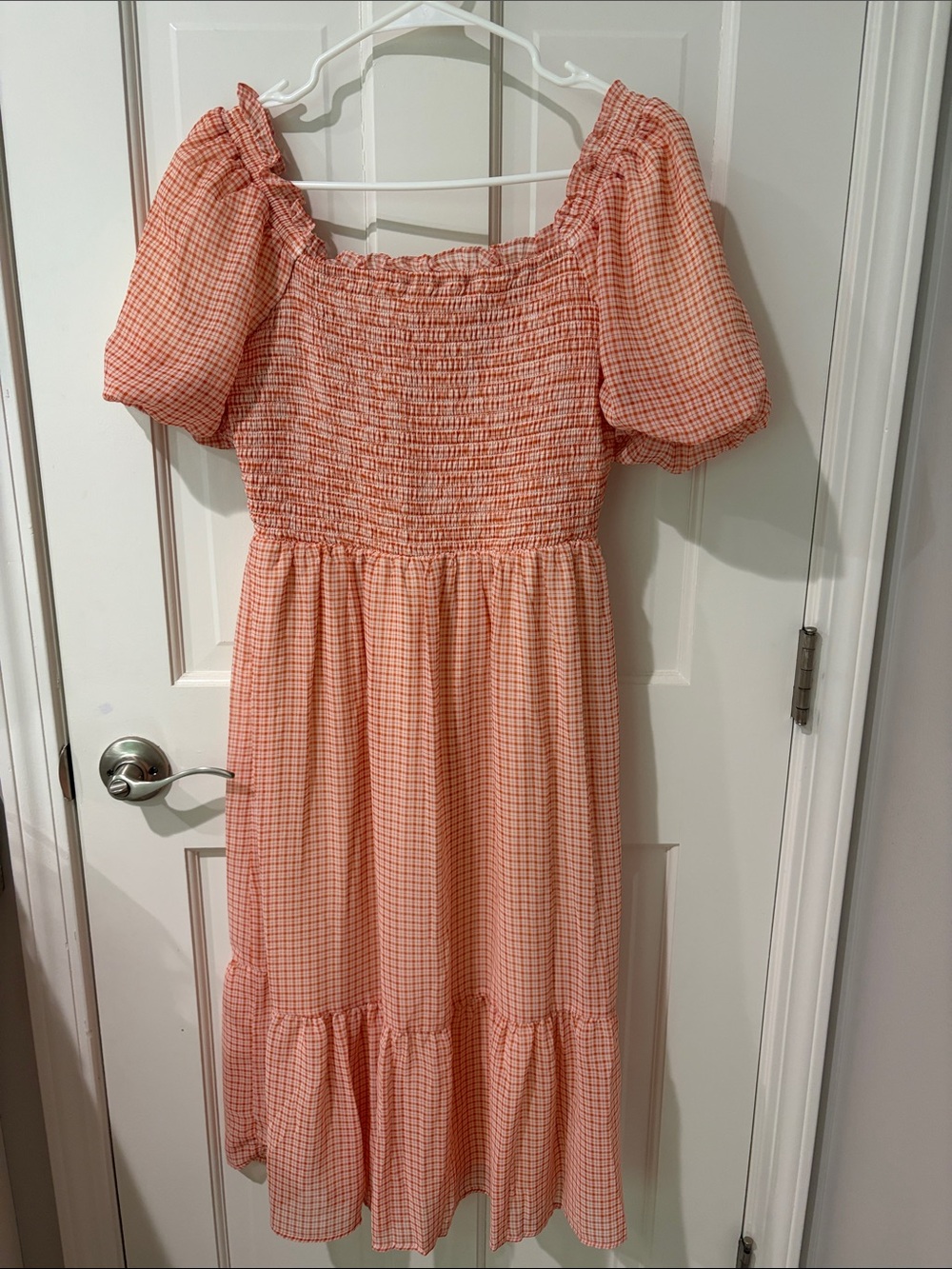 Orange and white gingham Smocked Puff Sleeve Midi Dress